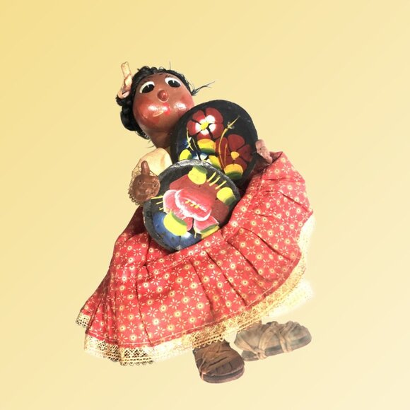 VINTAGE Handmade Mexican Folk Art Paper Mache Fabric Leather Collector Doll 10" - Picture 5 of 6